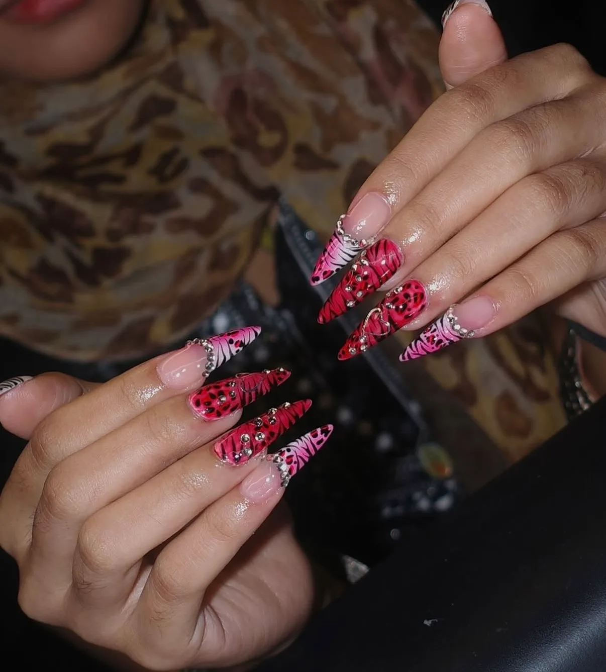 Pink leopard chrome stiletto set